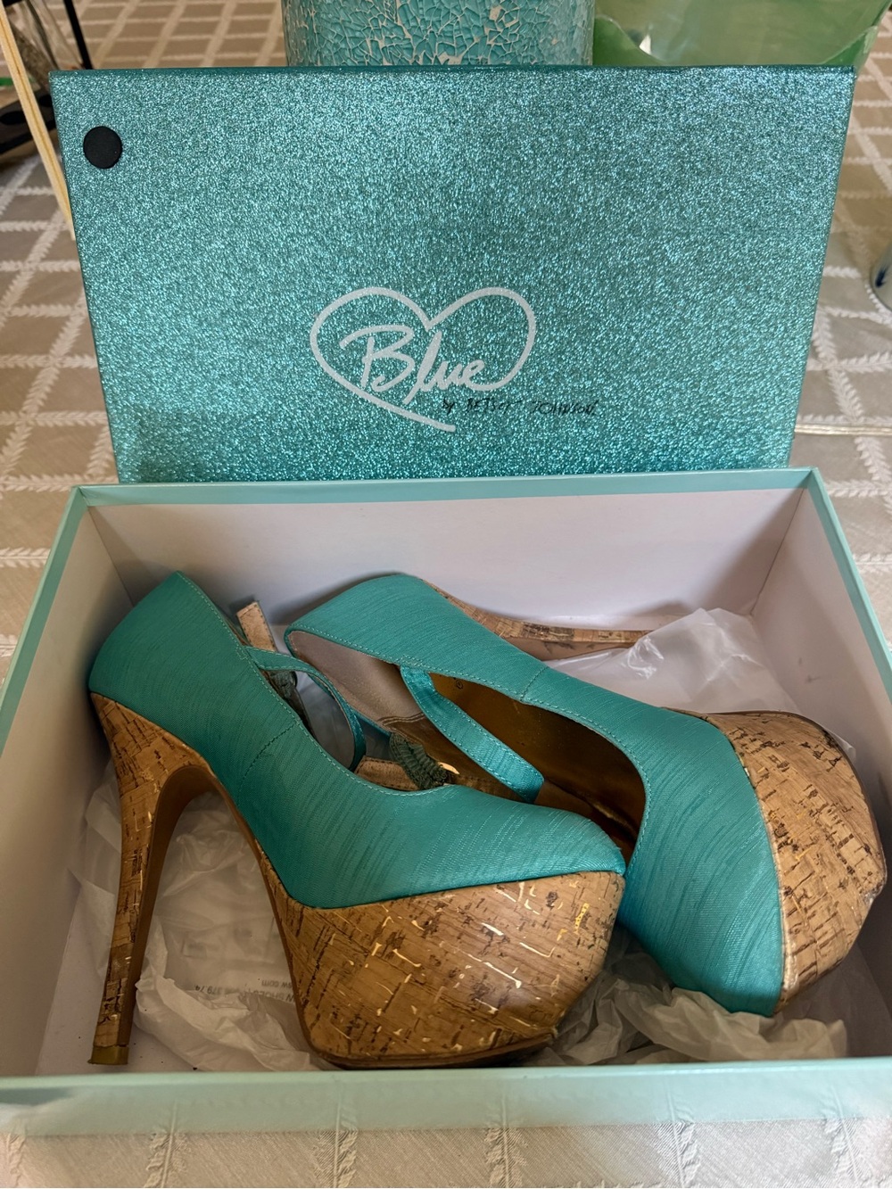 Blue  Teal Platform Cork High Heels